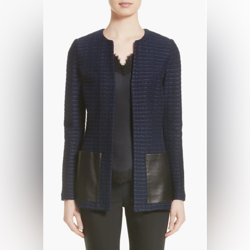 St. John Blue Silver Marled Wool Blend Knit Leather Pockets Blazer Size 12
